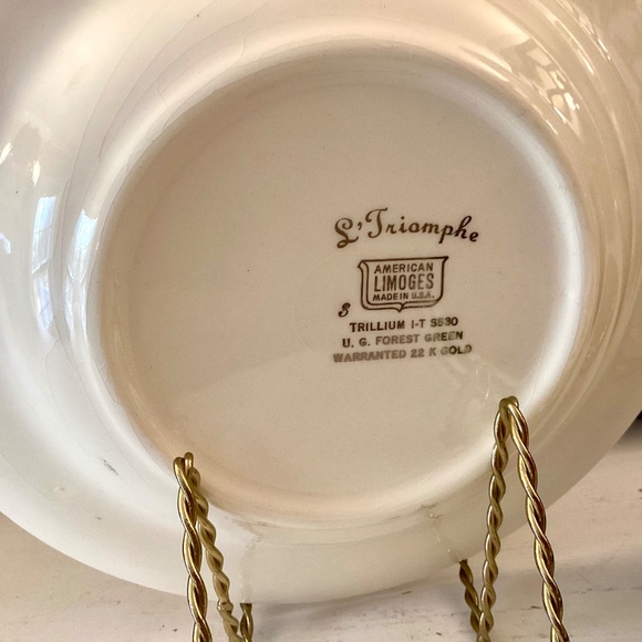 4 soup bowls American Limoges L'Triomphe Trillium Forest Green Dinnerware 22K - Picture 8 of 9